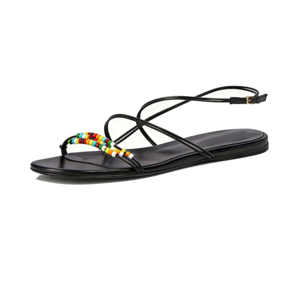 Black Beaded Strappy Flat Sandals