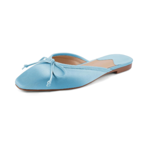 7 Baby Blue Satin Square-Toe Bow Mules