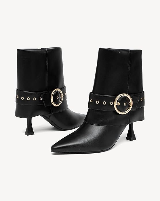 71G7NyBWbIL._AC_SY695_ Black Pointed-Toe Ankle Boots with Gold Buckle